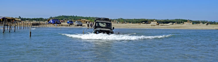 river crossing with our Defender on the way to Chin Hills